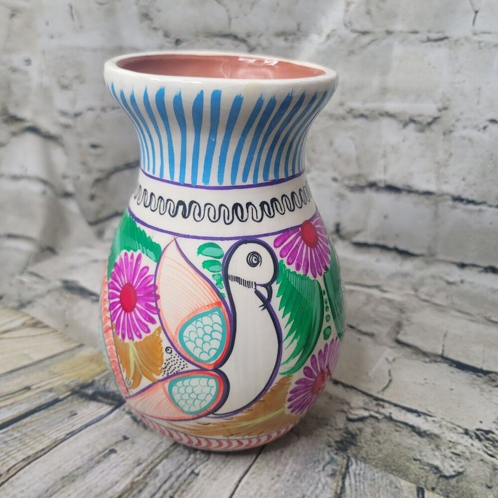 Mexican Folk Art Bright Vase Hand Painted Red Clay Pottery 7.5" tall x 5" wide